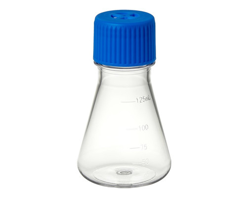 [GEN - TRIB-125-FB] tri bio 125ml petg erlenmeyer flask with flat bottom and 2 micron vented cap for growing cultures rnase and dnase free sterile individually wrapped 